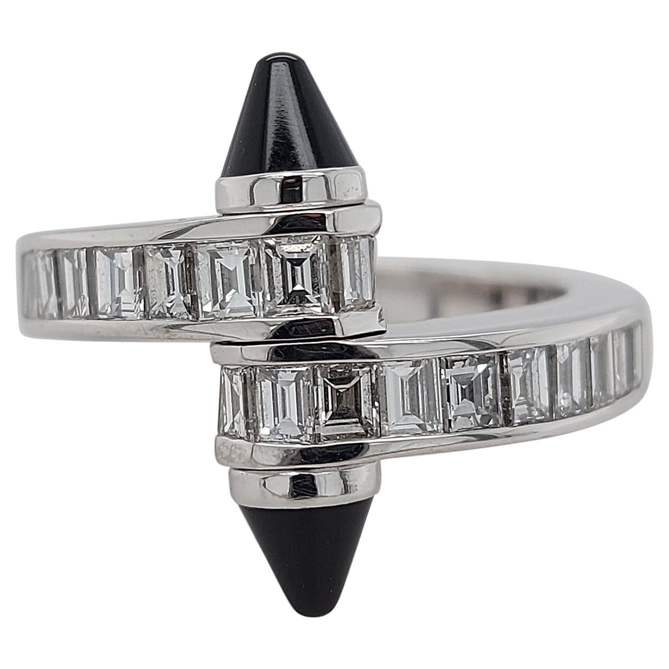 18 Karat White Gold Cartier Menotte Baguette Diamond and Onyx Ring