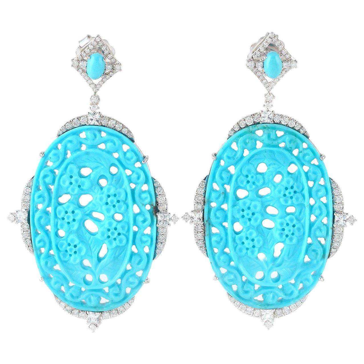 48.03 Carat Carved Turquoise Diamond 18 Karat White Gold Earrings