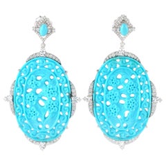 48.03 Carat Carved Turquoise Diamond 18 Karat White Gold Earrings