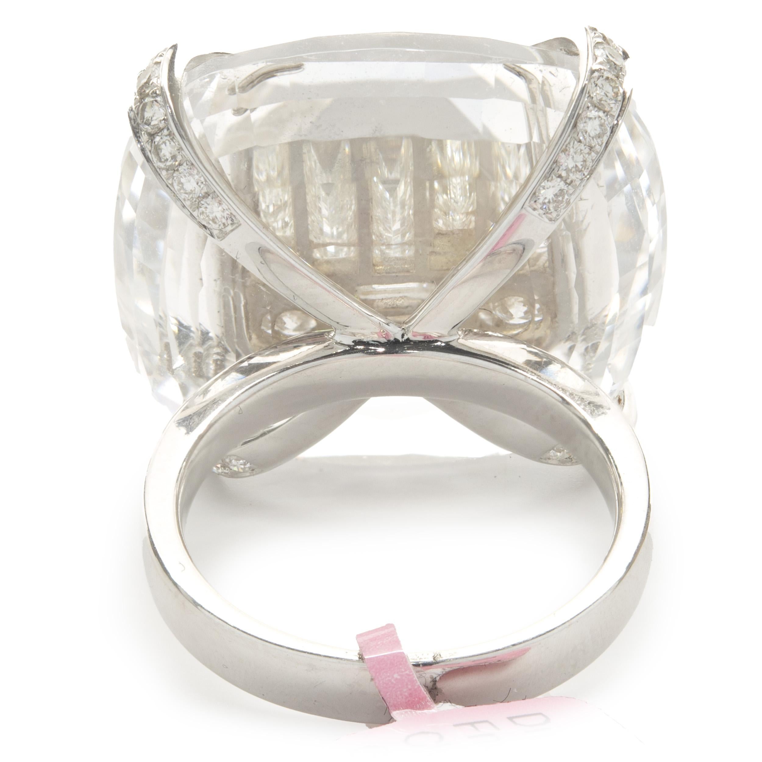 Baguette Cut 18 Karat White Gold Carved Crystal and Diamond Cocktail Ring For Sale