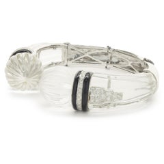 18 Karat White Gold Carved Crystal, Black Enamel, and Diamond Cuff Bracelet