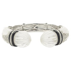18 Karat White Gold Carved Crystal, Black Enamel, and Diamond Cuff Bracelet