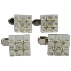 18 Karat White Gold Carved Mother of Pearl and Diamond Tuxedo Shirt Studs