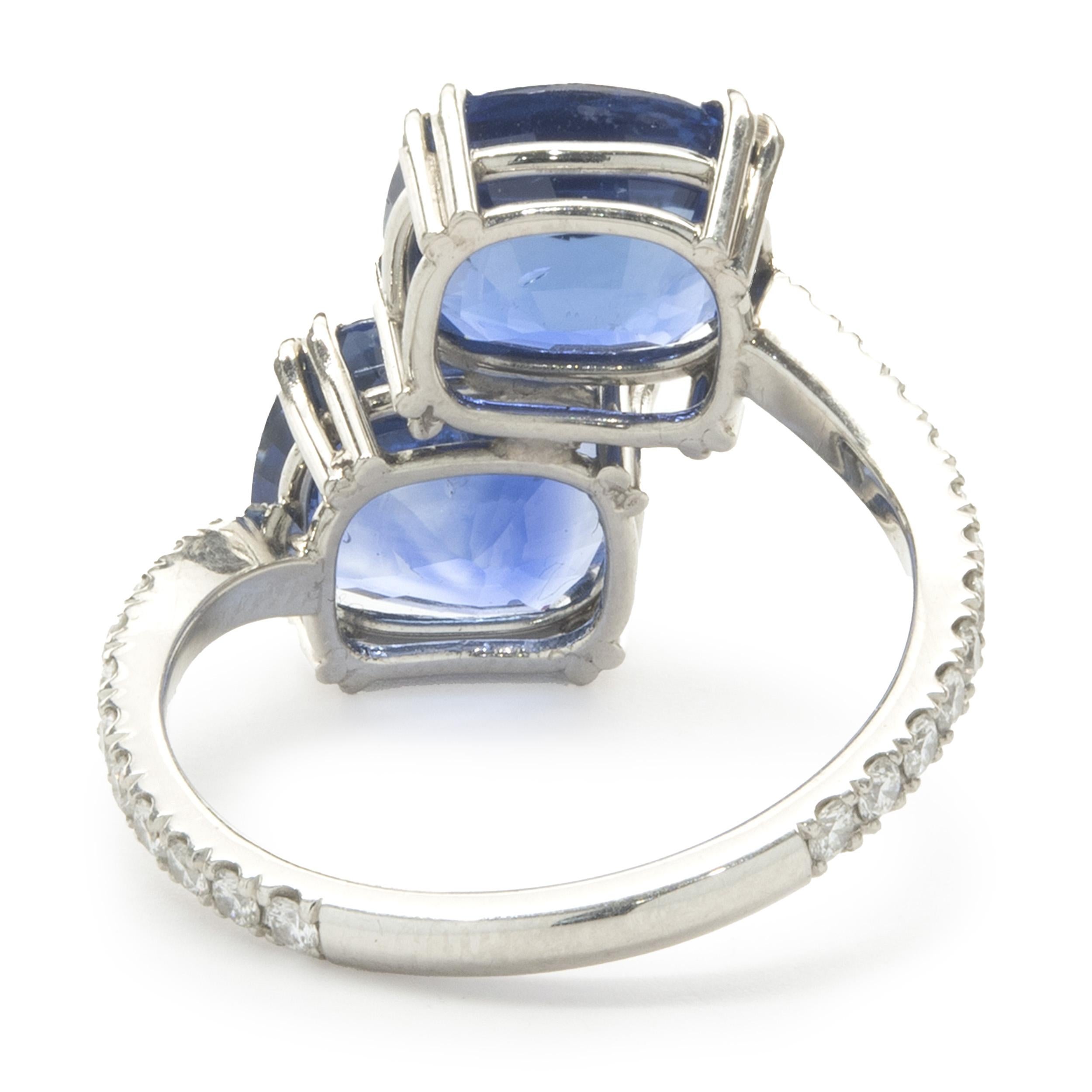 18 Karat White Gold Ceylon Sapphire and Diamond Bypass Ring In Excellent Condition For Sale In Scottsdale, AZ