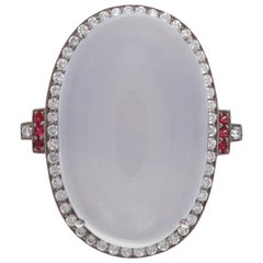Antique 18 Karat White Gold Chaceddony Diamond Ruby Ring