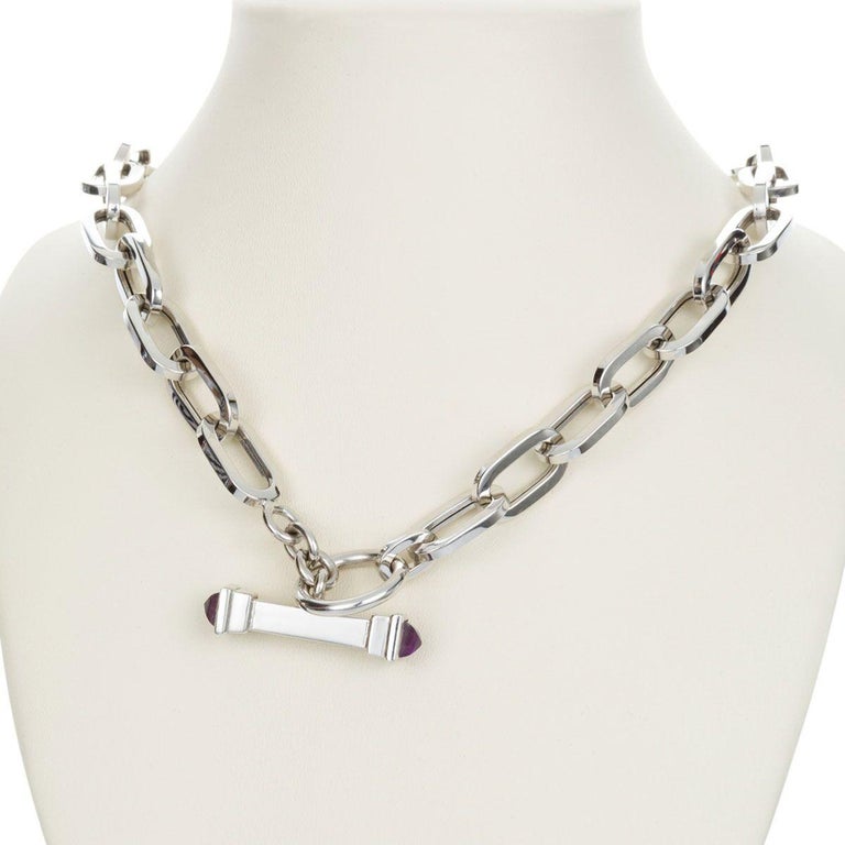 18 Karat White Gold Chain Link Necklace with Amethyst Toggle Clasp at