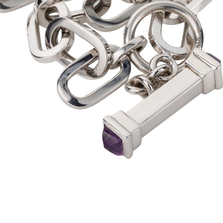 18 Karat White Gold Chain Link Necklace with Amethyst Toggle Clasp at