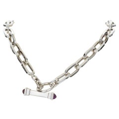 18 Karat White Gold Chain Link Necklace with Amethyst Toggle Clasp
