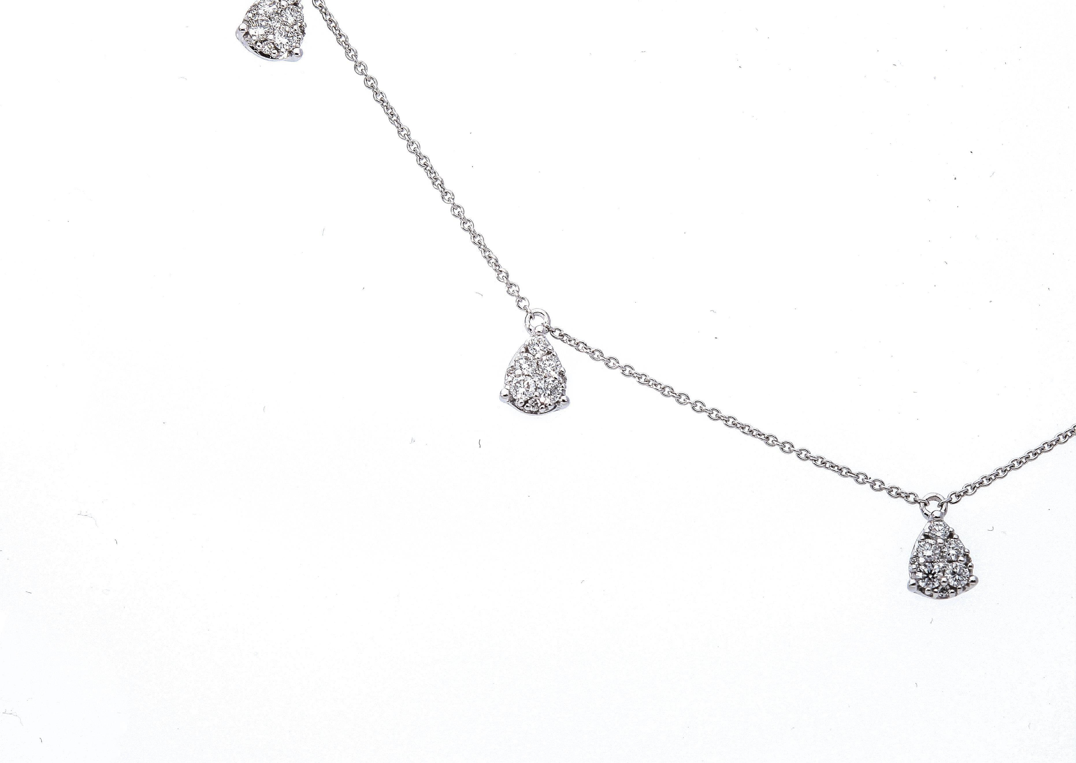 Round Cut 18 Karat White Gold Chain Necklace with Five Drop Pendant with Diamonds For Sale