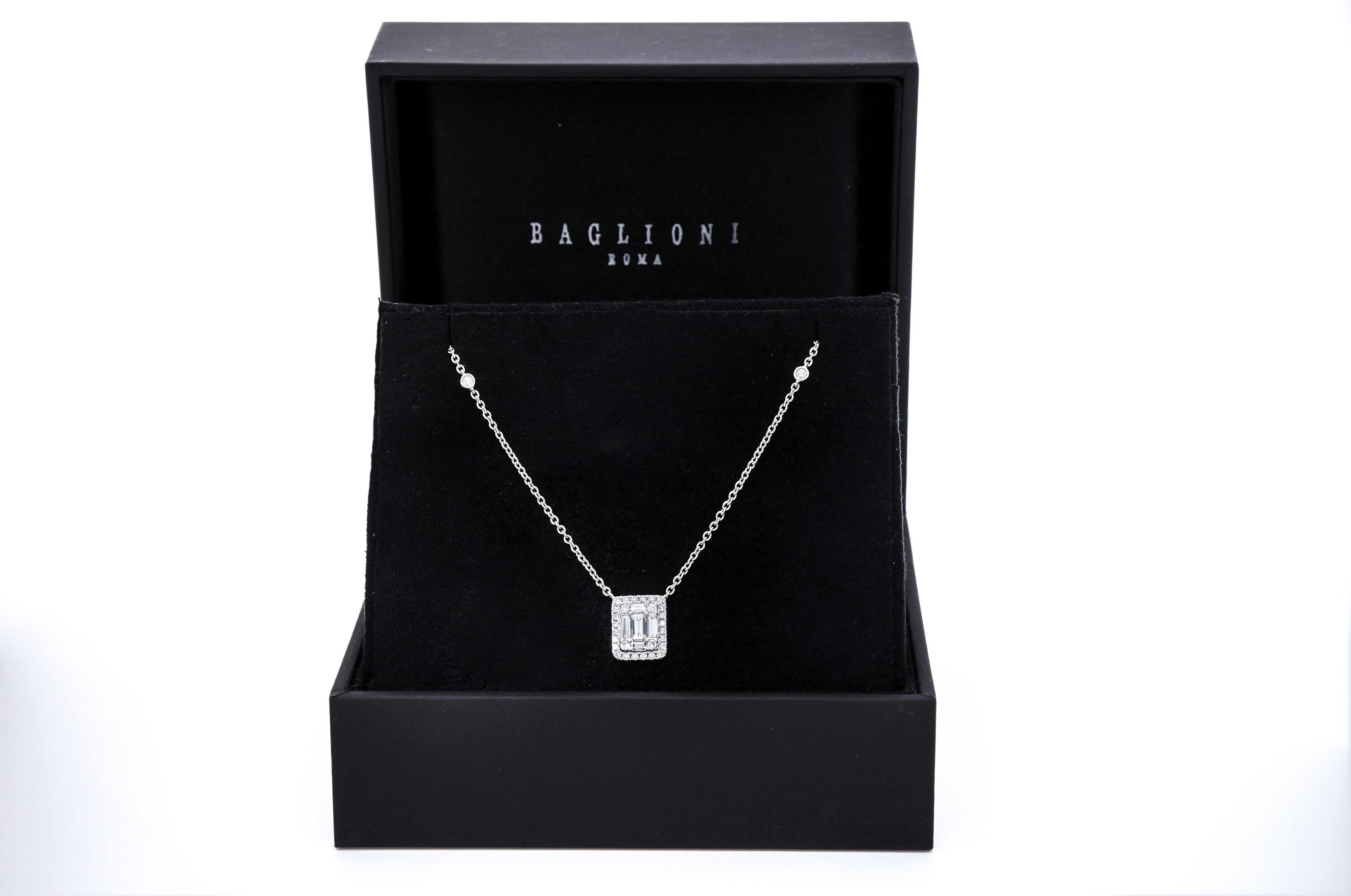 18 Karat White Gold Chain Necklace with Rectangular Diamonds Pendant For Sale 3
