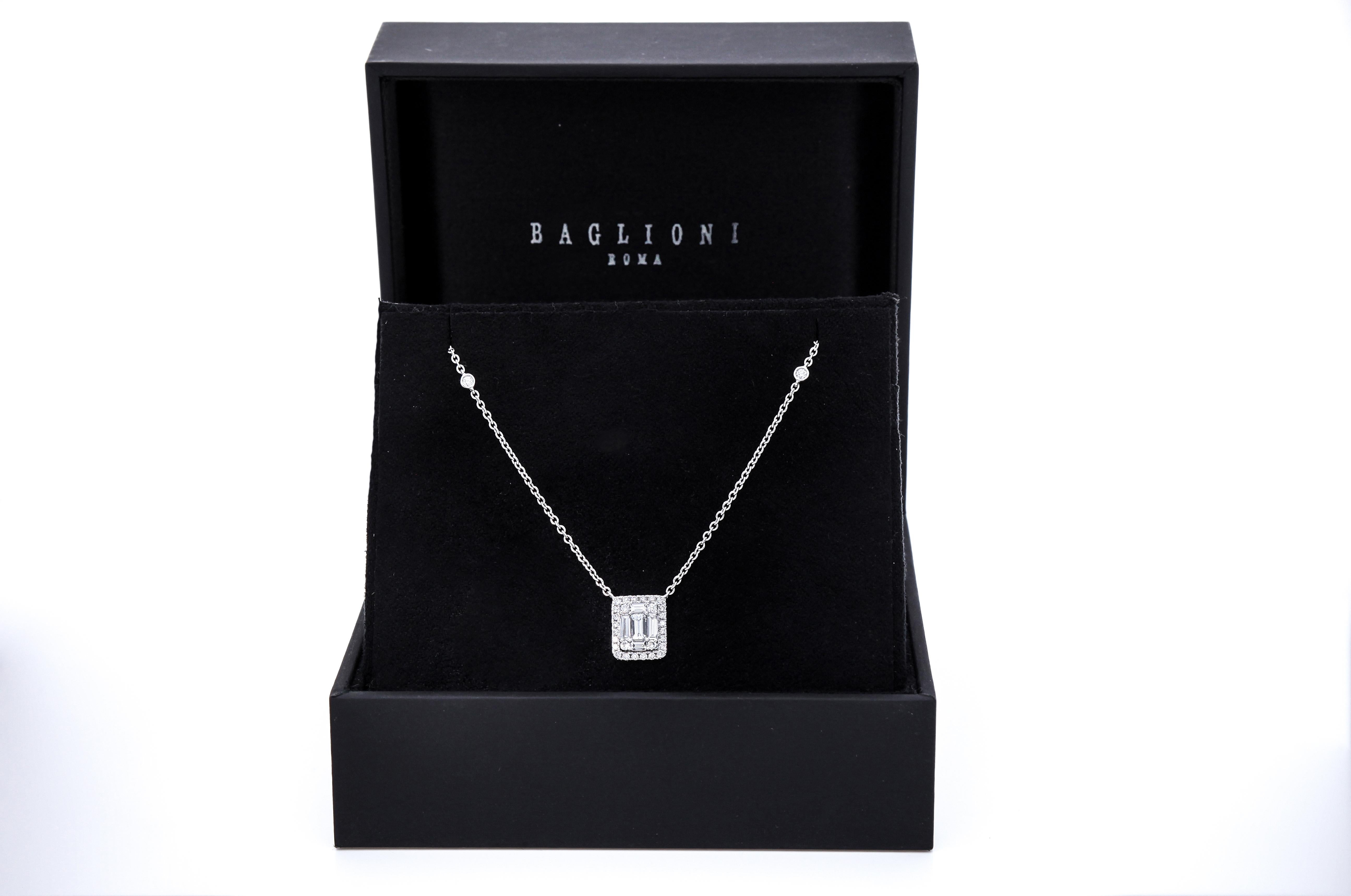 18 Karat White Gold Chain Necklace with Rectangular Diamonds Pendant For Sale 1