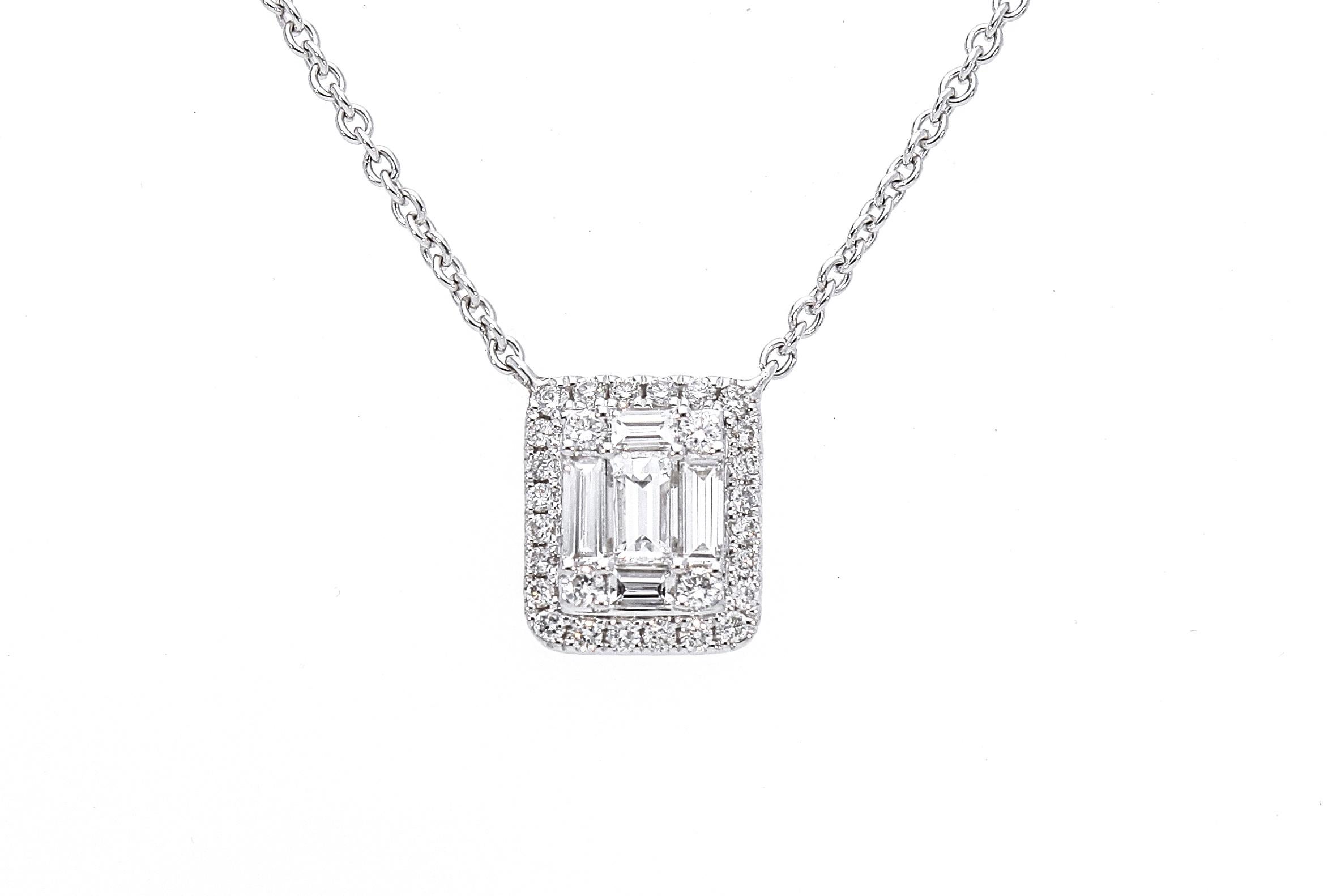 Baguette Cut 18 Karat White Gold Chain Necklace with Rectangular Diamonds Pendant For Sale