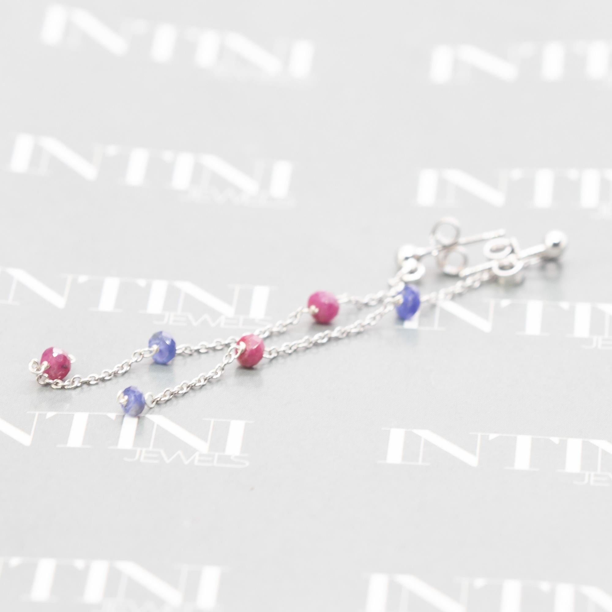 Catena d'oro bianco 18 carati Rondelle di rubino e zaffiro fatte a mano Orecchini lunghi a penzoloni In condizioni Nuovo in vendita a Milano, IT