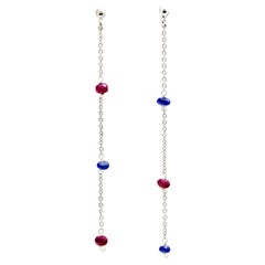 18 Karat White Gold Chain Ruby Sapphire Rondelles Handmade Long Dangle Earrings