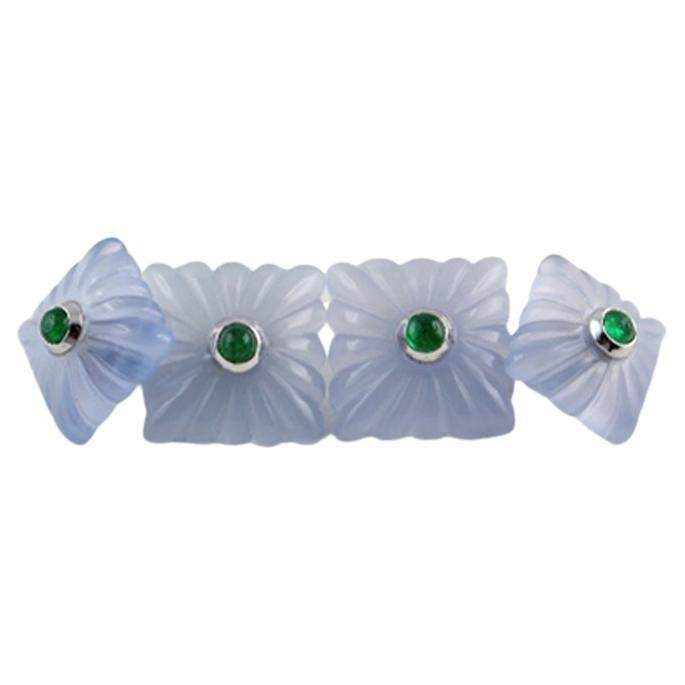 18 Karat White Gold Chalcedony and Emeralds Double Square Cufflinks For Sale