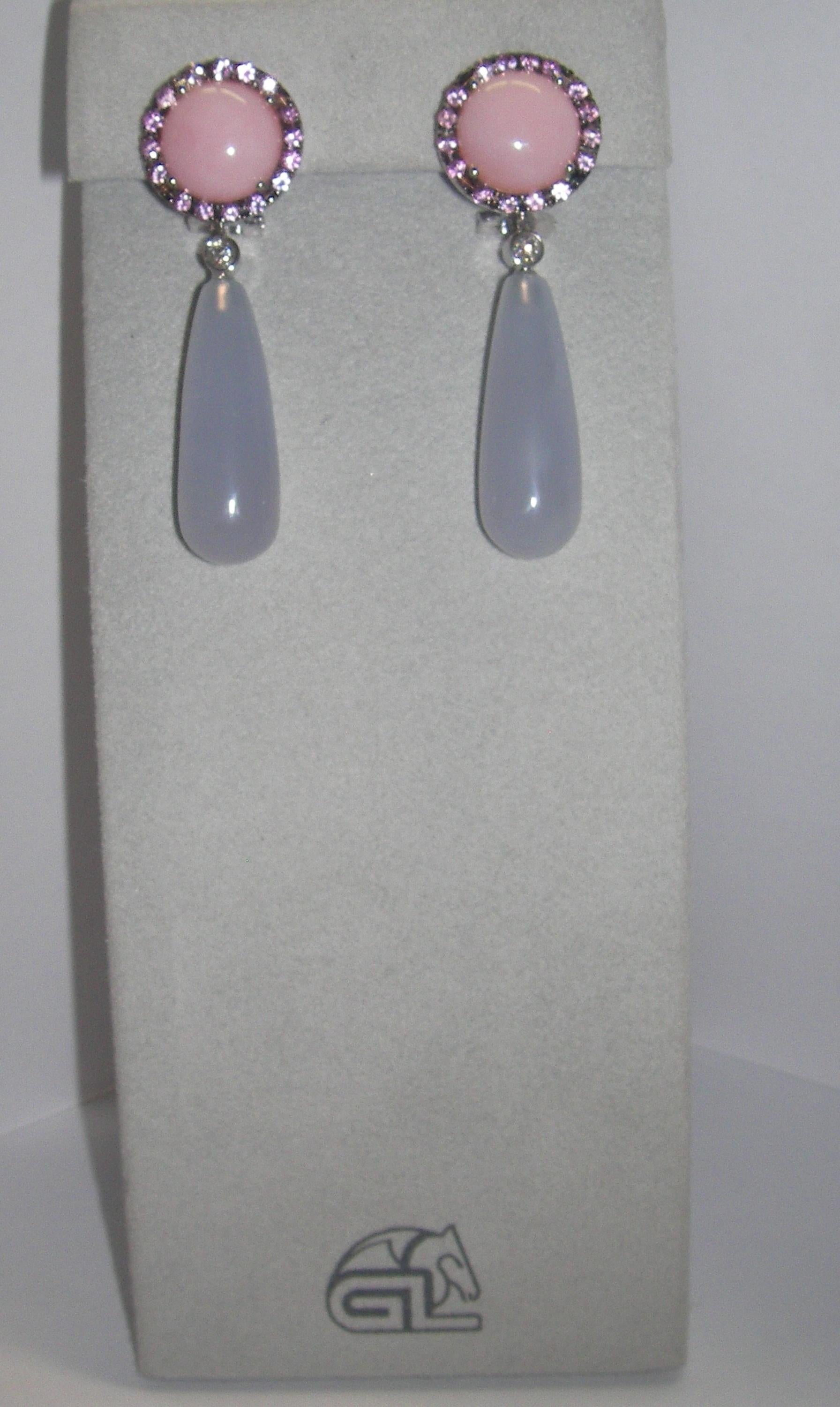 Mixed Cut 18 Karat White Gold Chalcedony Diamond Opal and Sapphire Drop Earrings For Sale