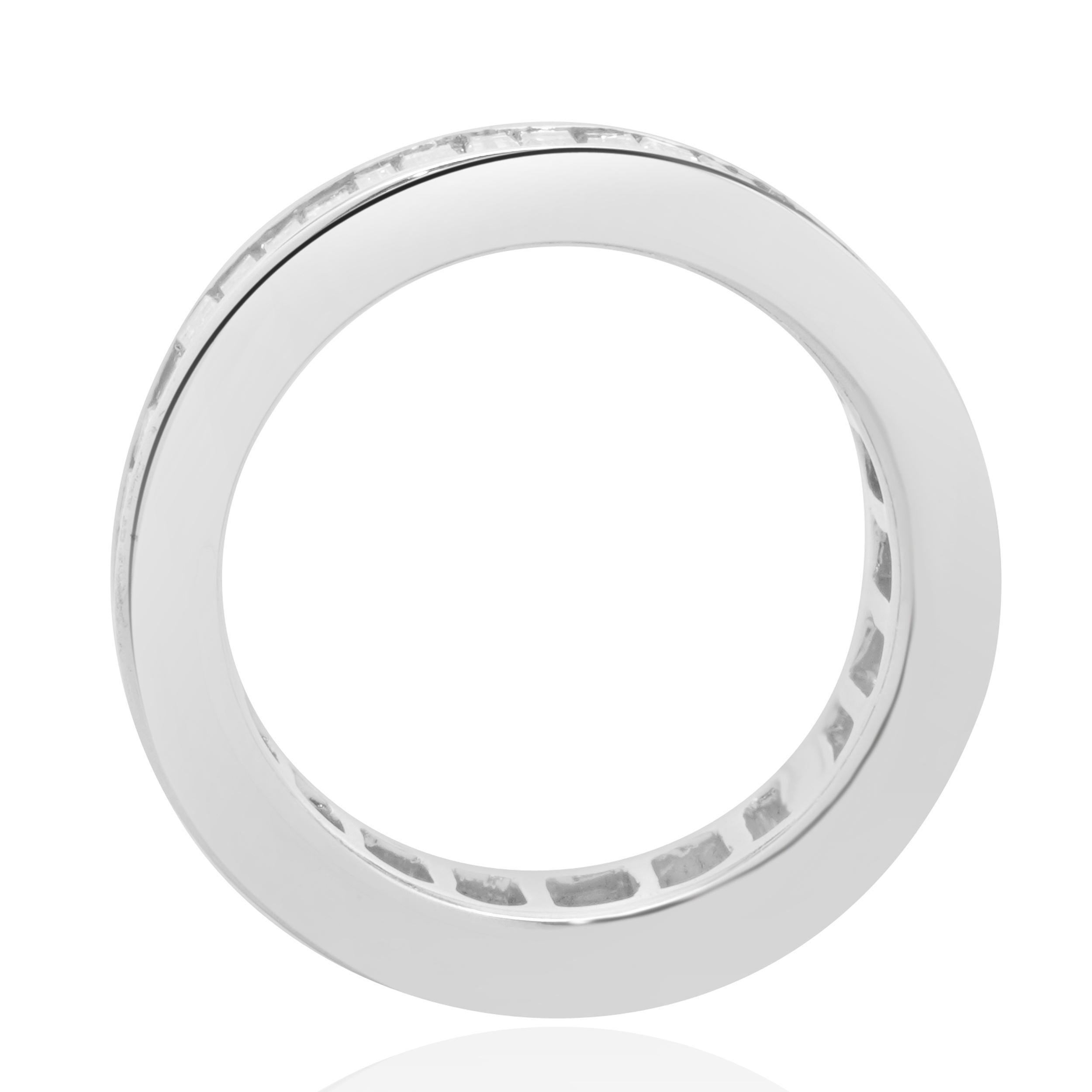 Women's 18 Karat White Gold Channel Set Baguette Cut Diamond Eternity Band For Sale