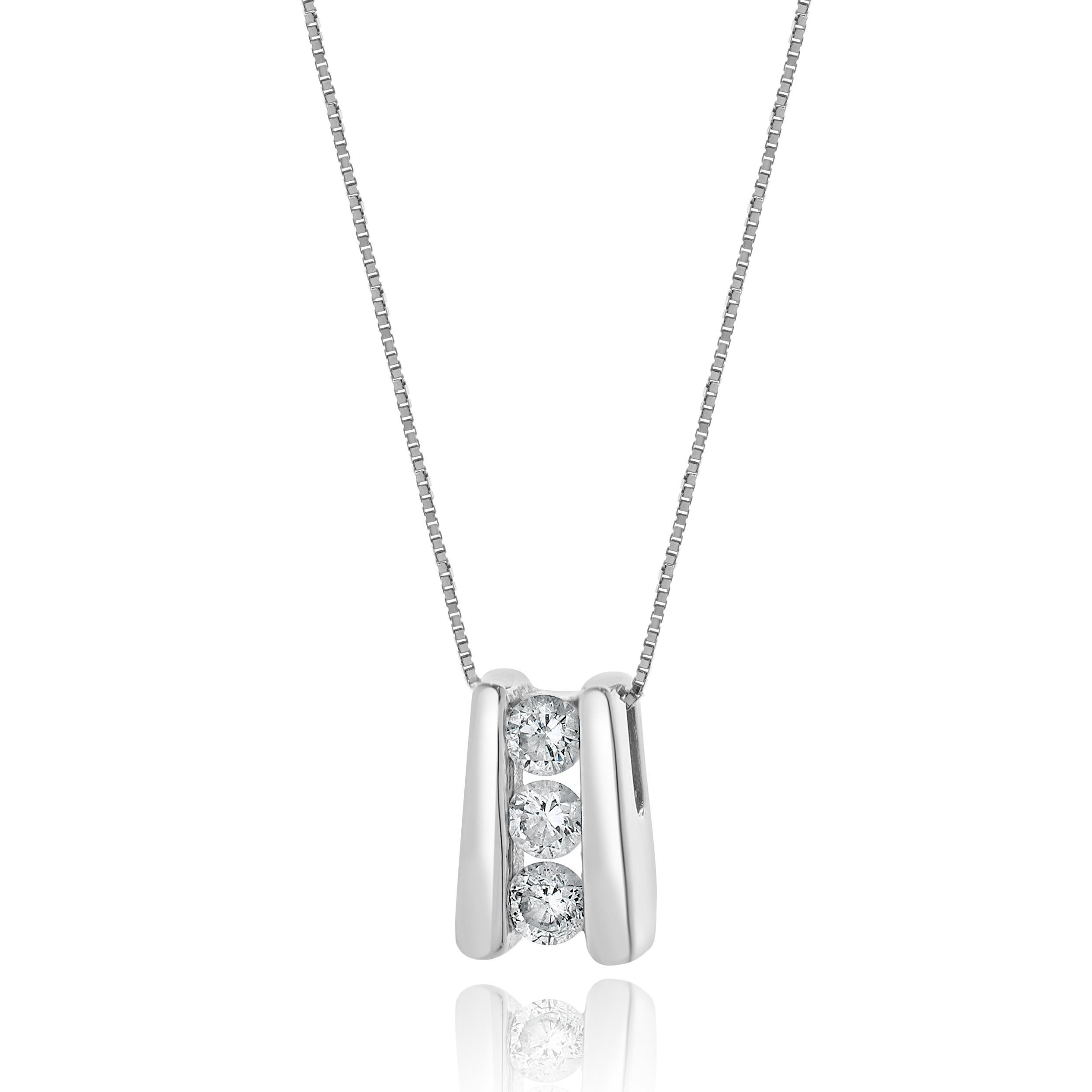 Round Cut 18 Karat White Gold Channel Set Diamond Drop Necklace For Sale