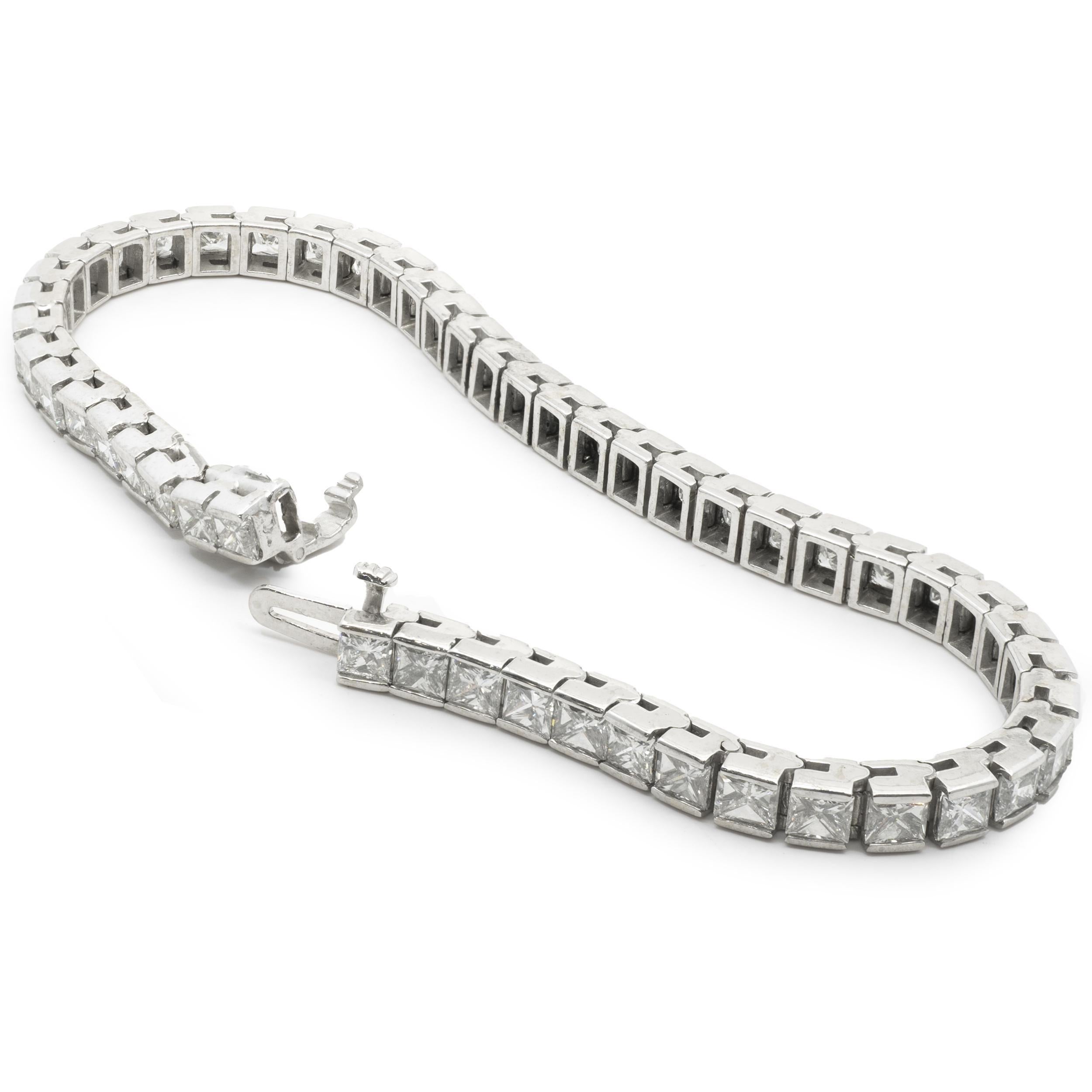 Princess Cut 18 Karat White Gold Channel Set Diamond Tennis Bracelet For Sale