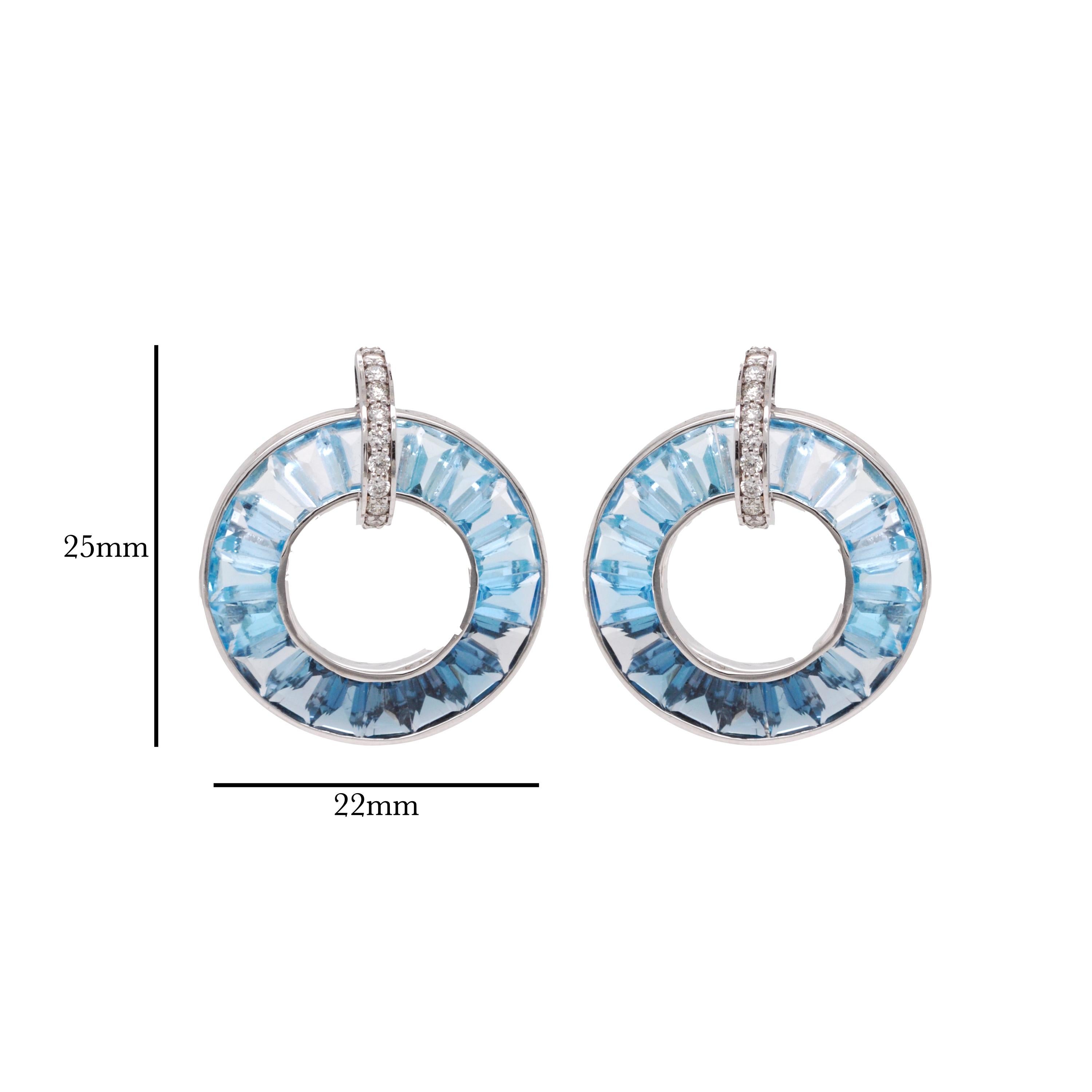 Contemporary 18 Karat White Gold Channel Set Tapered Cut Blue Topaz Diamond Circle Earrings For Sale