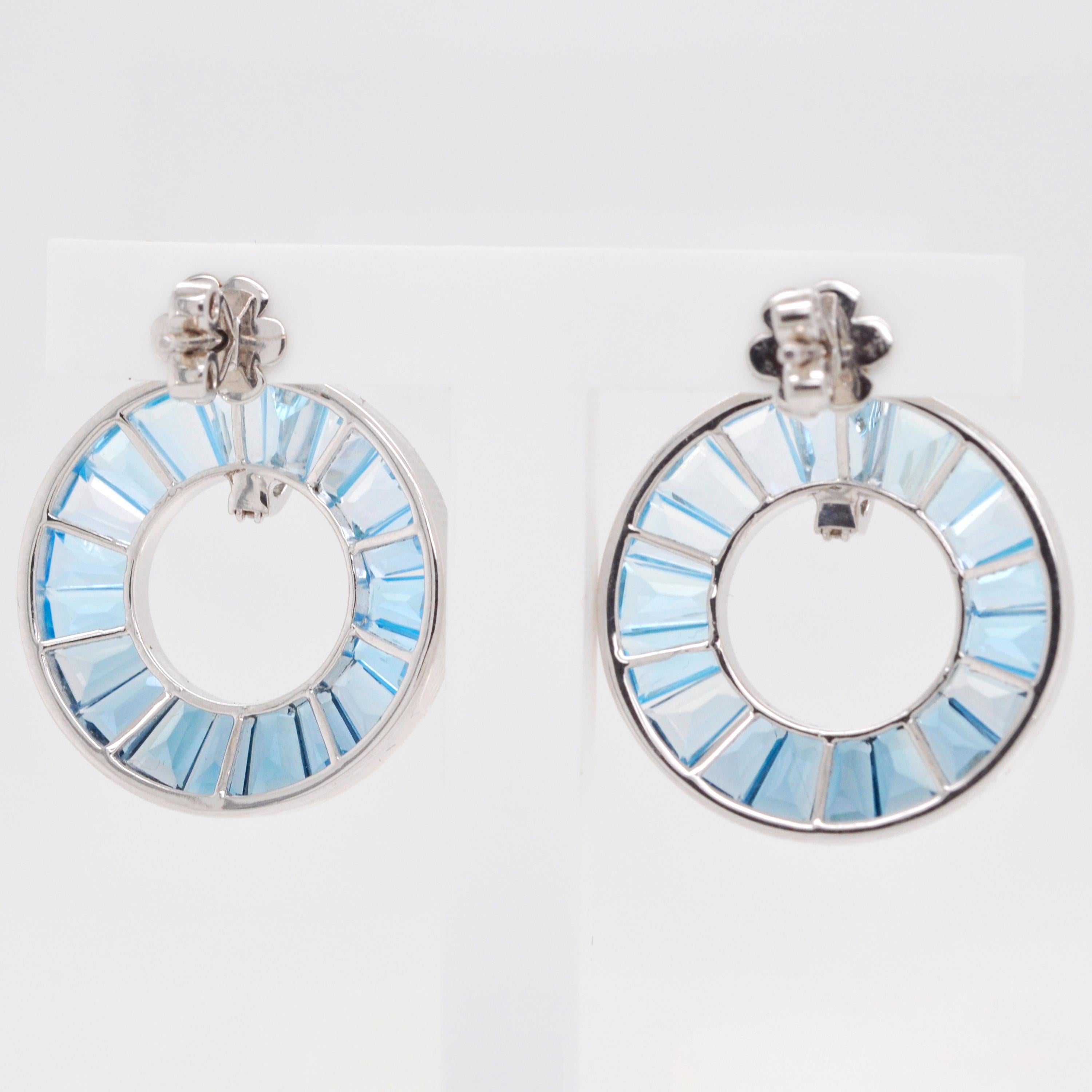 Women's 18 Karat White Gold Channel Set Tapered Cut Blue Topaz Diamond Circle Earrings For Sale