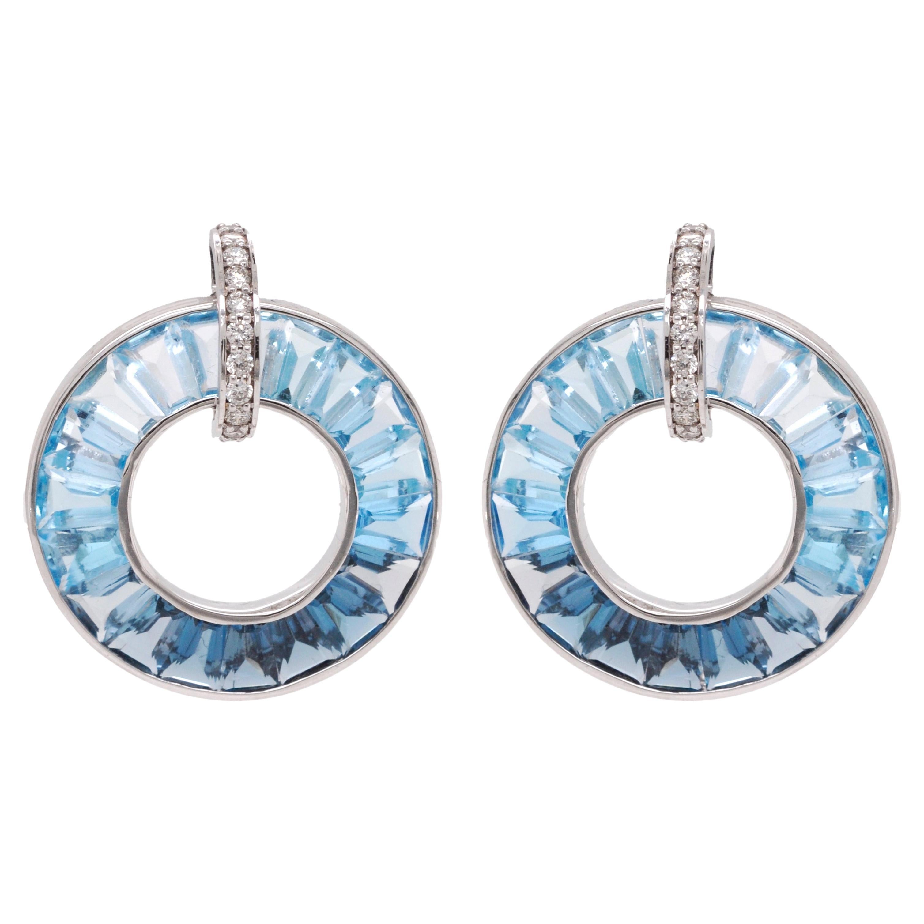 18 Karat White Gold Channel Set Tapered Cut Blue Topaz Diamond Circle Earrings For Sale