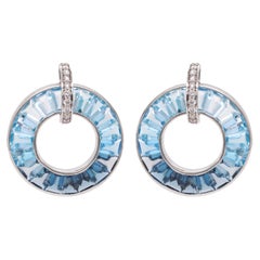 18 Karat White Gold Channel Set Tapered Cut Blue Topaz Diamond Circle Earrings