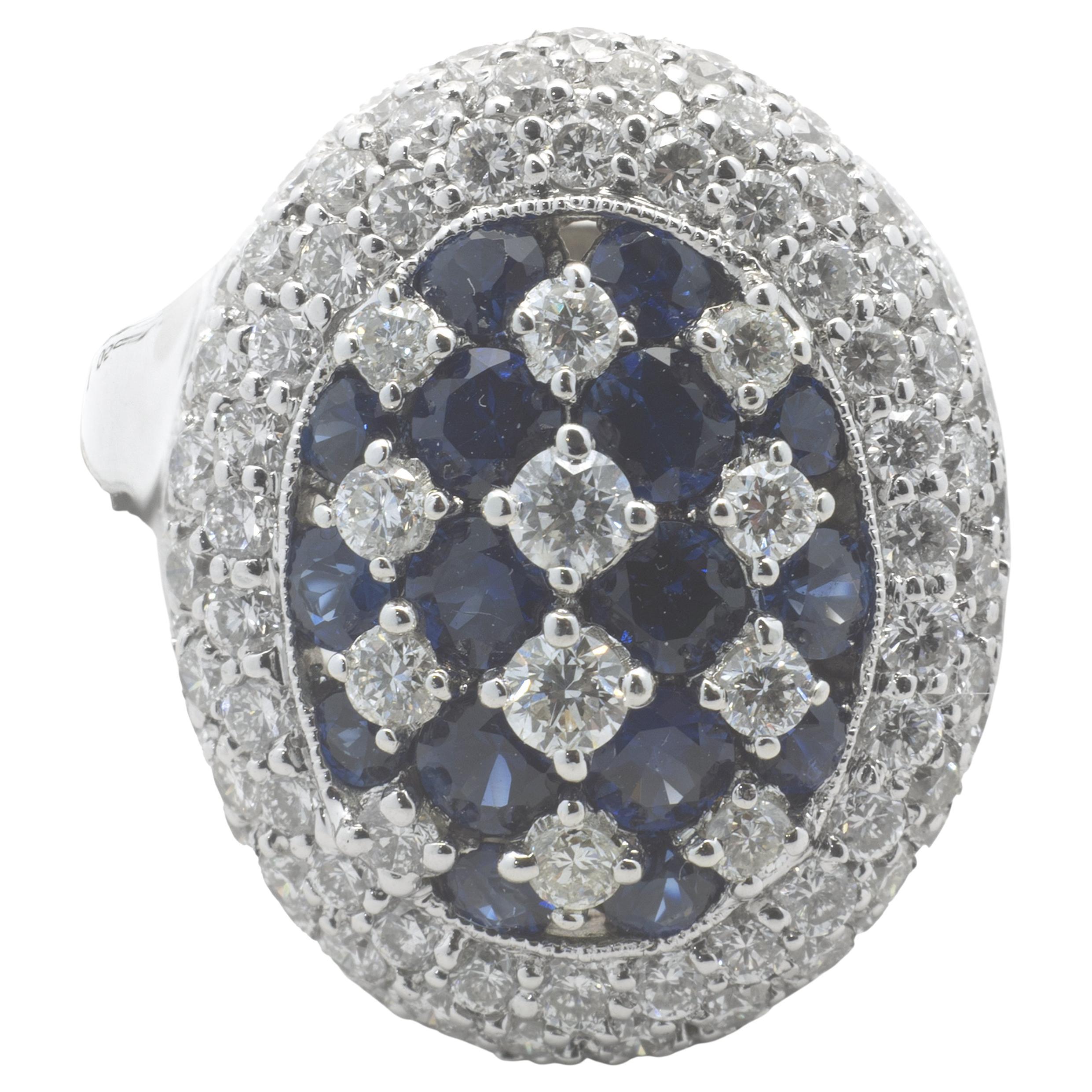 18 Karat White Gold Checkerboard Sapphire and Diamond Ring For Sale