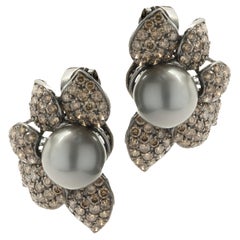 18 Karat White Gold Chocolate Diamond and Tahitian Pearl Flower Earrings