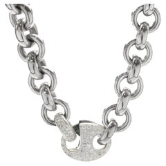 18 Karat White Gold Circle Link Chain Necklace with Pave Diamond Gucci Clasp