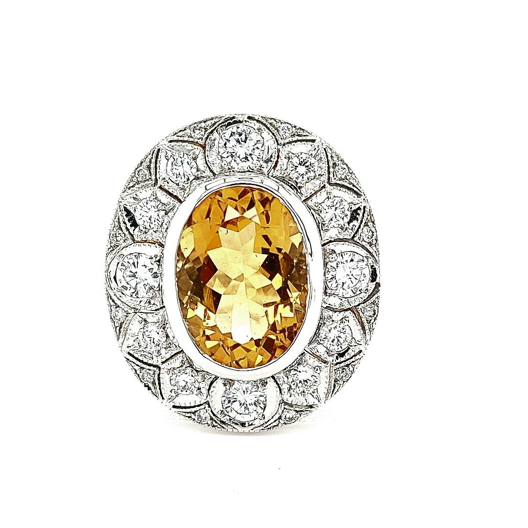 Art Deco 18kt White Gold Citrine and Diamonds Cocktail Ring For Sale