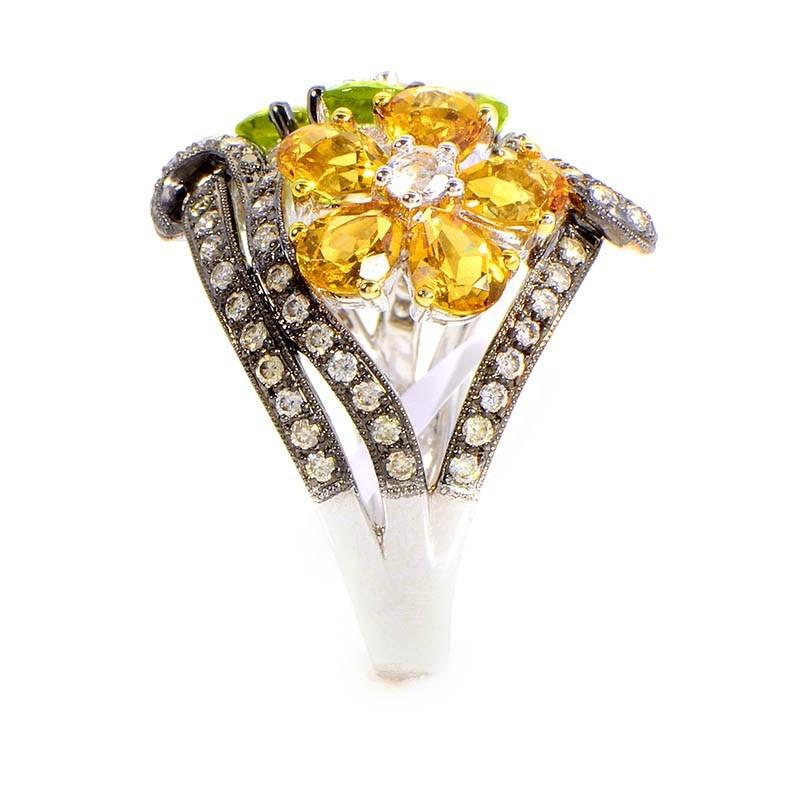 Women's 18 Karat White Gold Citrine Flowers and Diamond Ring