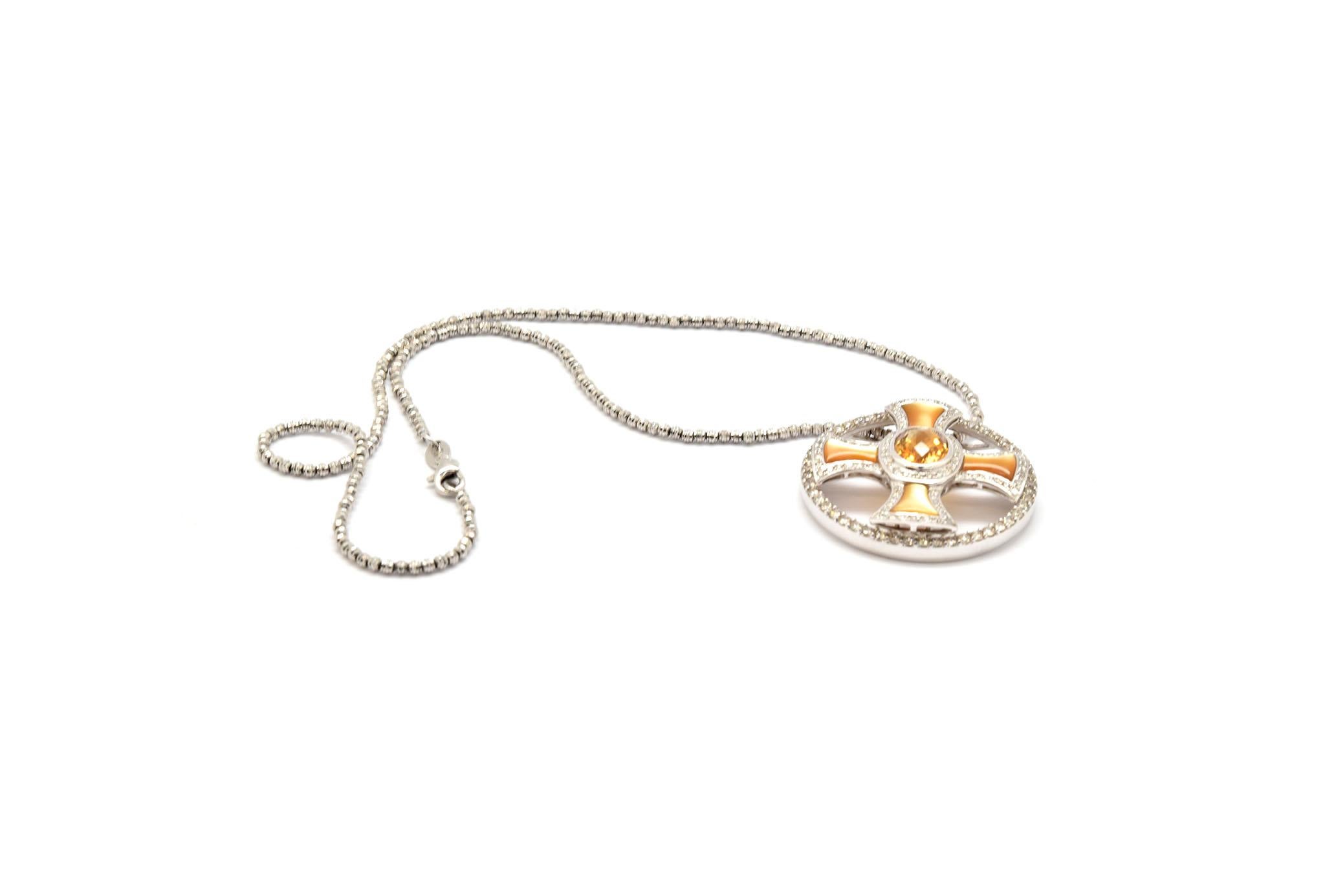 Contemporary 18 Karat White Gold Citrine, Orange Mother-of-Pearl and Diamond Pendant For Sale