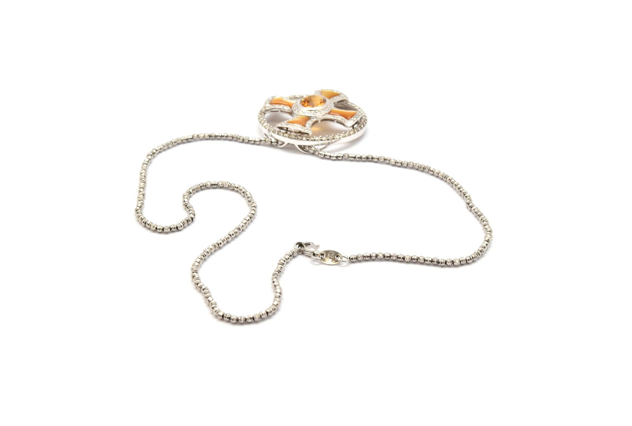 Round Cut 18 Karat White Gold Citrine, Orange Mother-of-Pearl and Diamond Pendant For Sale