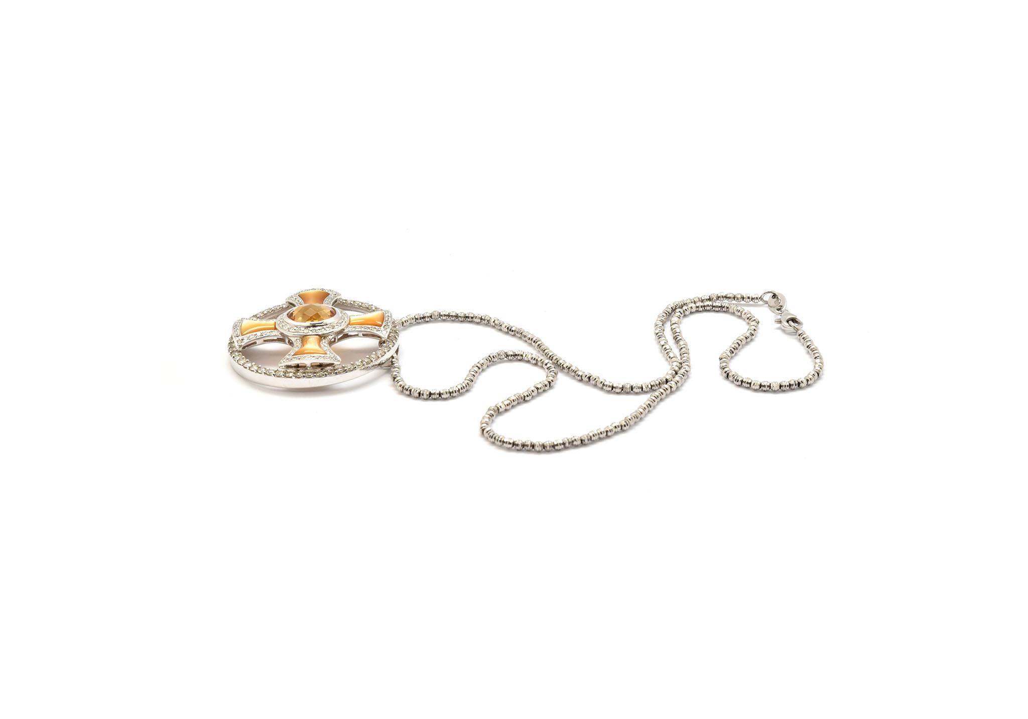 18 Karat White Gold Citrine, Orange Mother-of-Pearl and Diamond Pendant In New Condition For Sale In Scottsdale, AZ