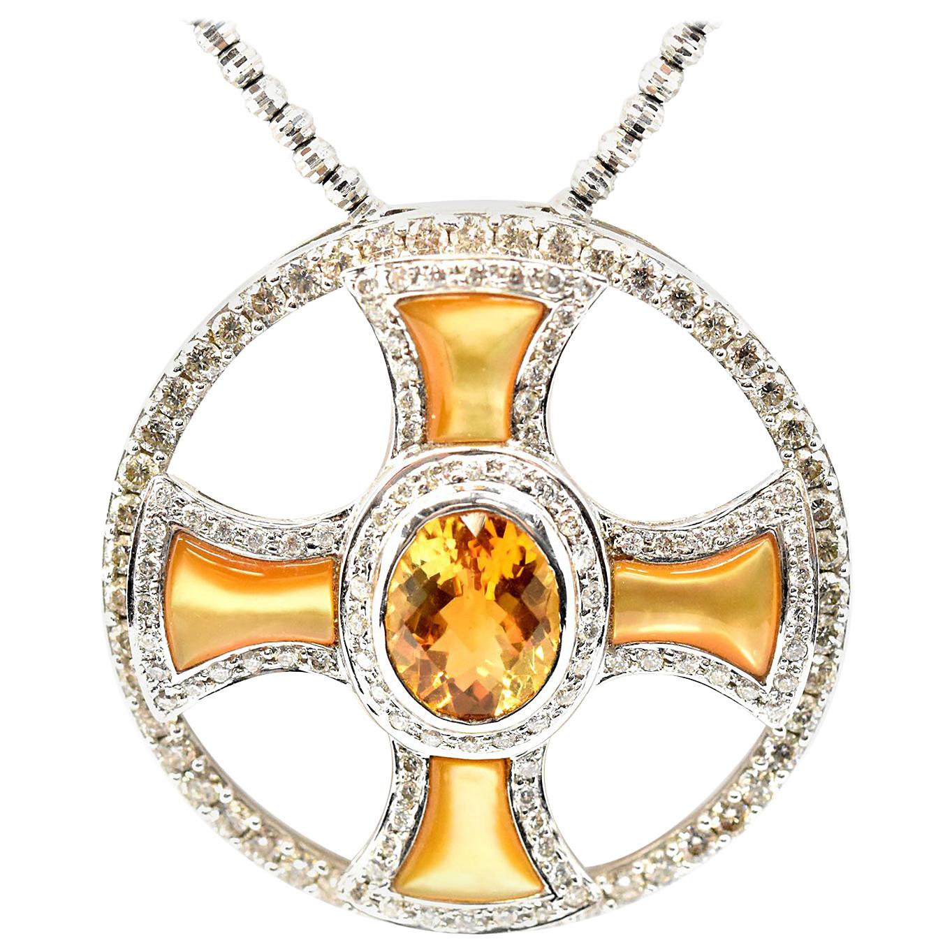 18 Karat White Gold Citrine, Orange Mother-of-Pearl and Diamond Pendant