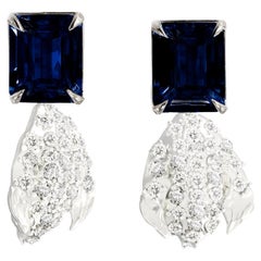 Used White Gold Clip-on Dangle Earrings with Sapphires and Diamonds