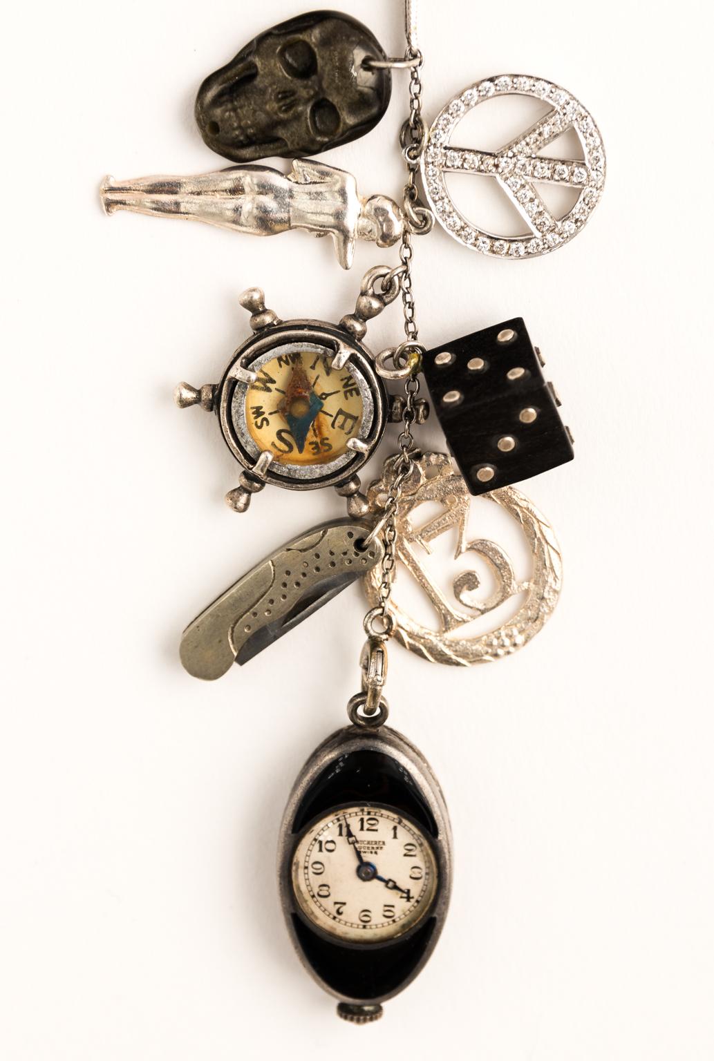 18 Karat White Gold Clock Charm Necklace For Sale 7