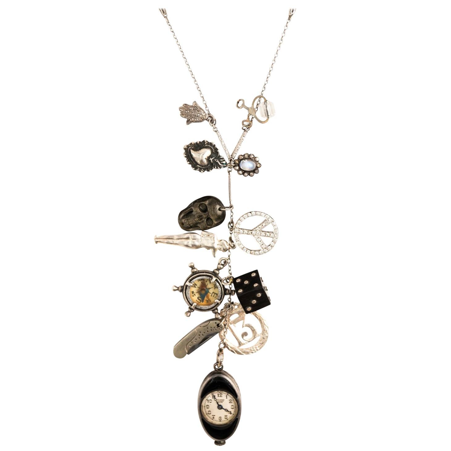 18 Karat White Gold Clock Charm Necklace For Sale