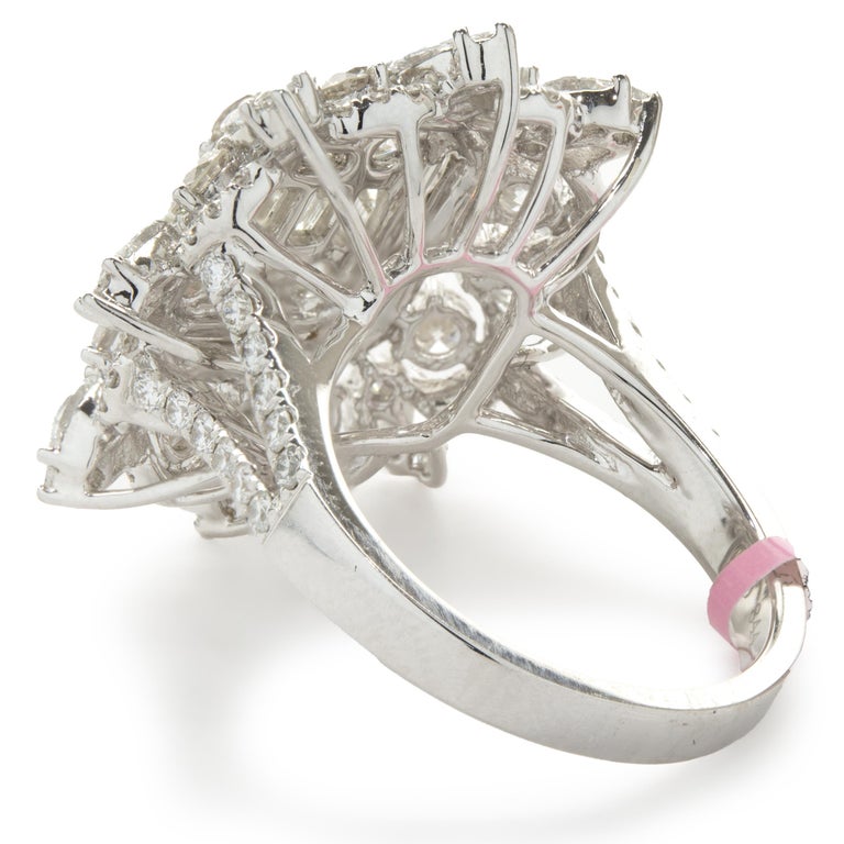 18 Karat White Gold Cluster Flower Ring with Mosaic Diamond Center For