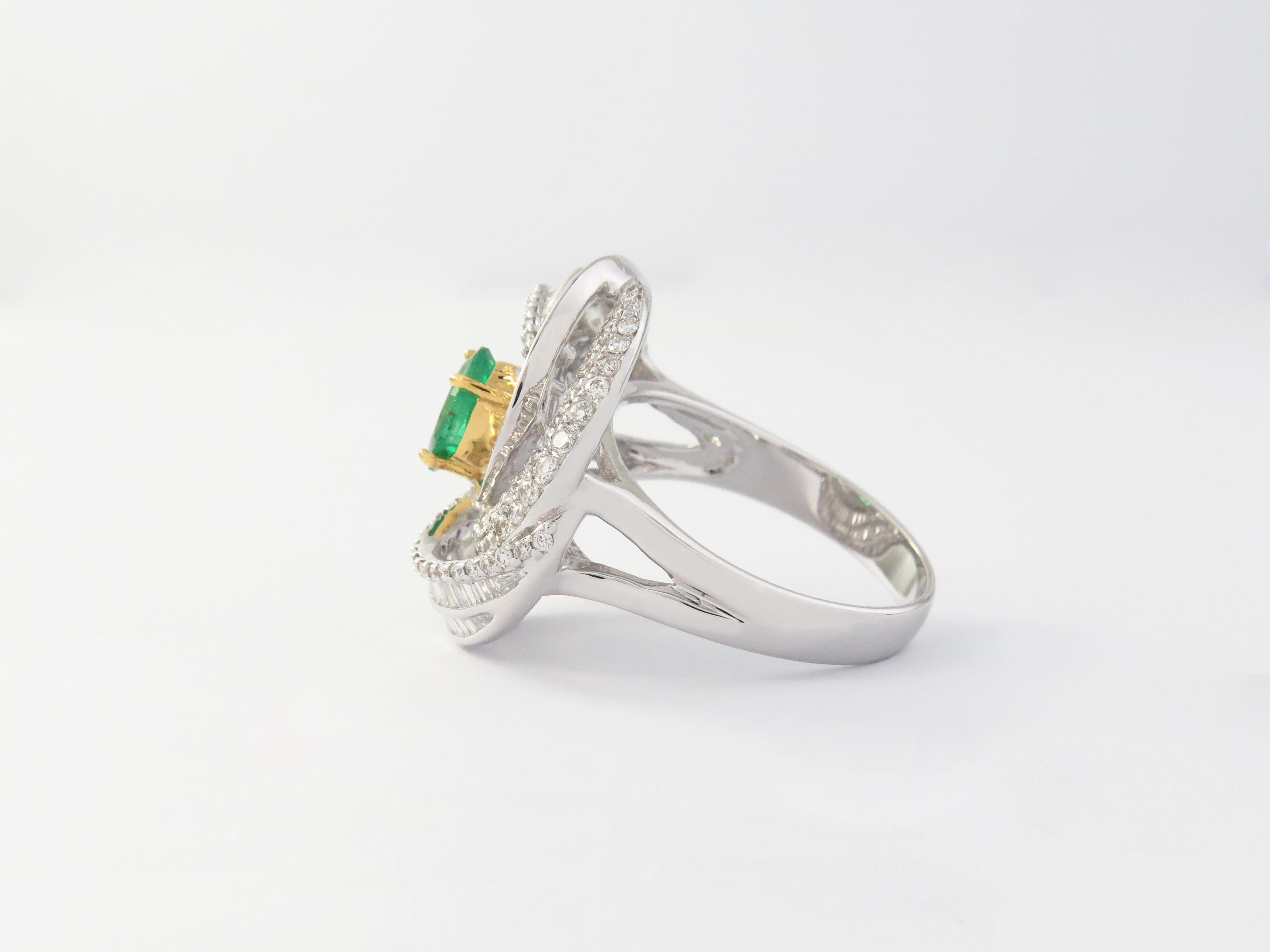 Brilliant Cut Emerald Baguette Diamond 18 Karat White Gold Cocktail Ring For Sale