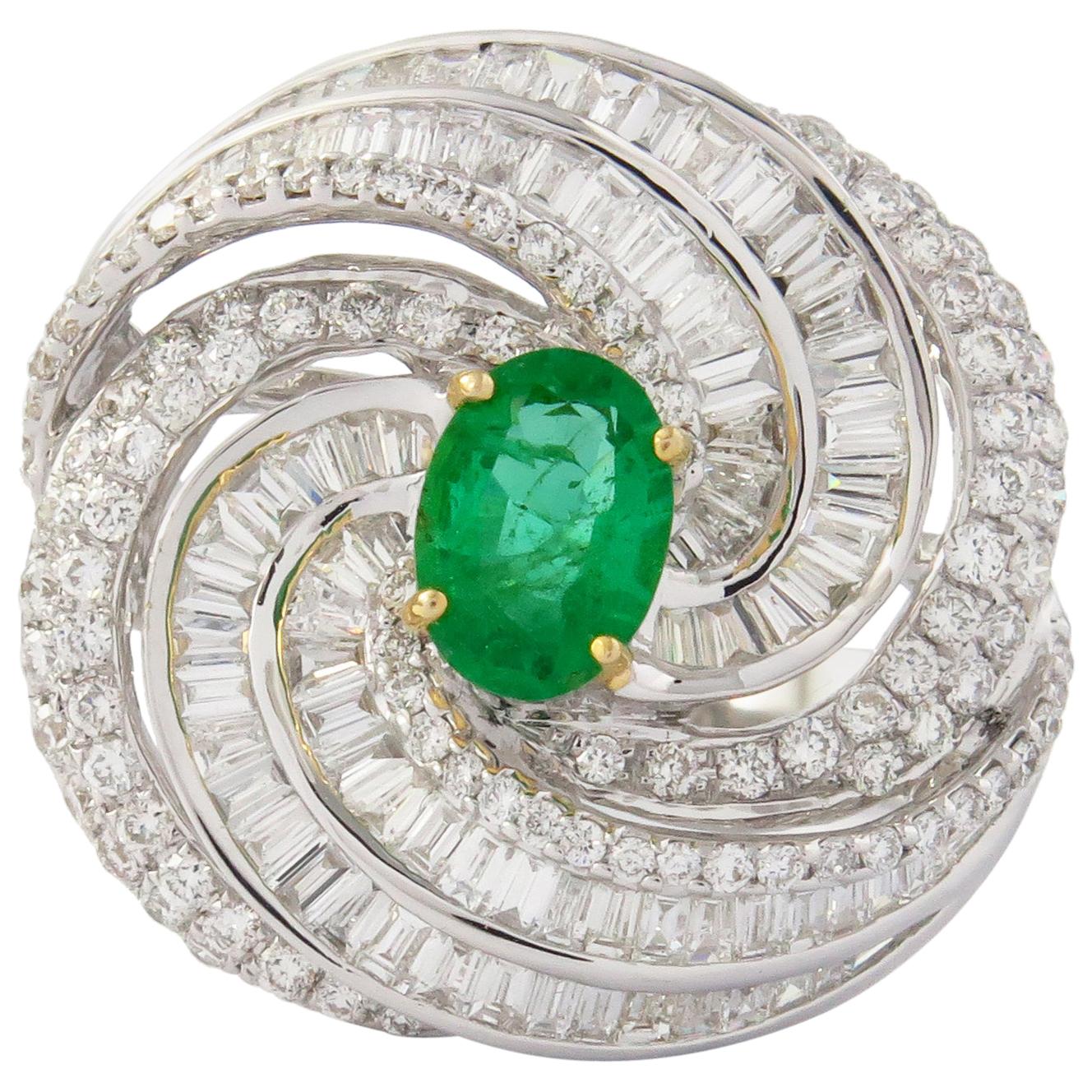 Emerald Baguette Diamond 18 Karat White Gold Cocktail Ring For Sale