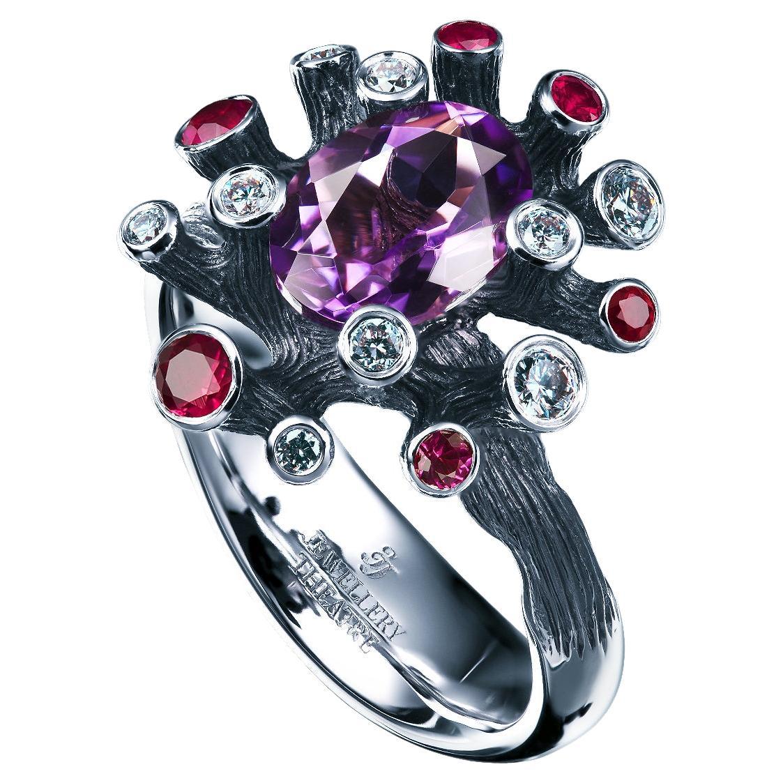 18 Karat White Gold Cocktail Ring with 1.15 Carat Amethyst Diamonds and Rubies For Sale