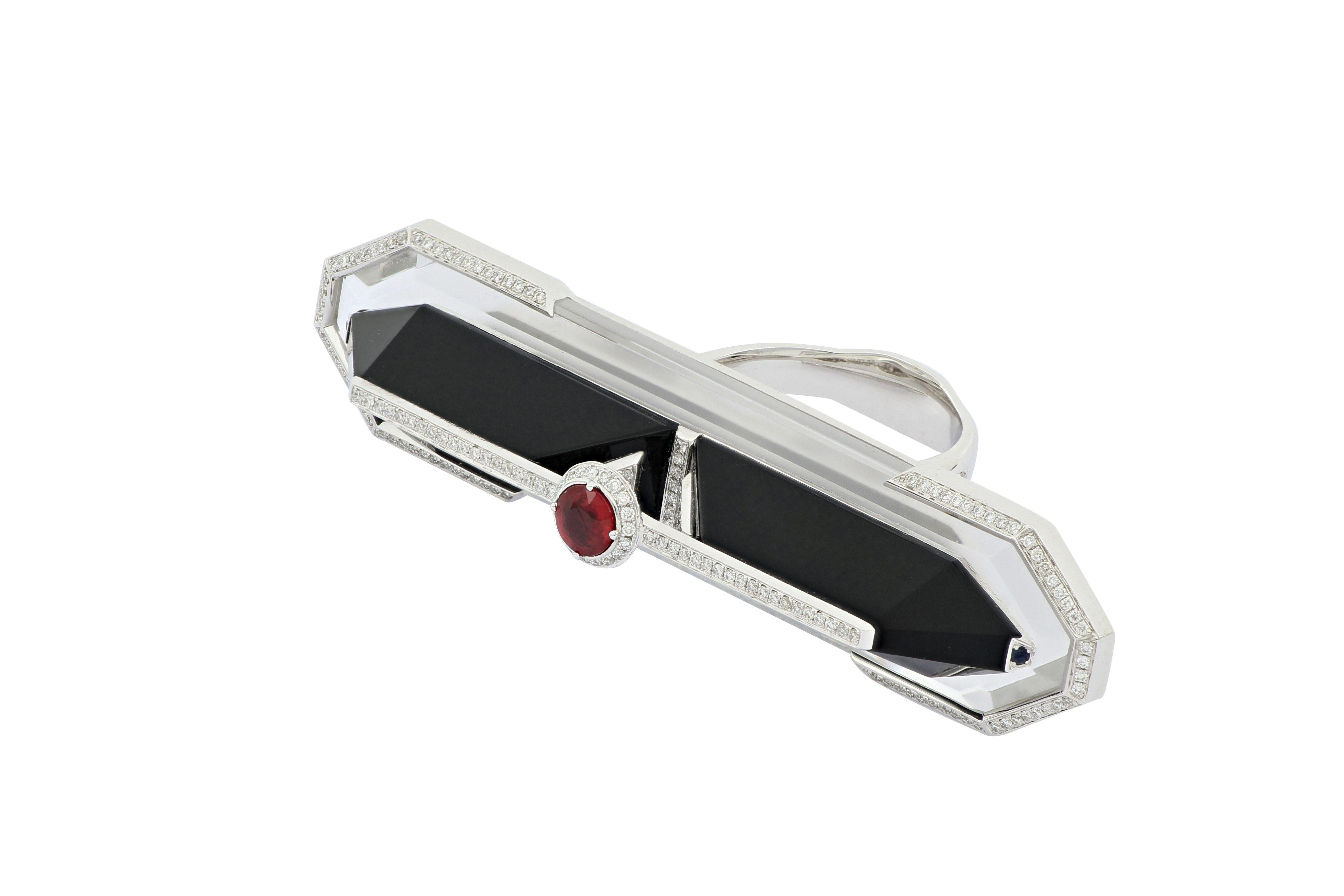 Brilliant Cut 18 Karat White Gold Cocktail Ring with Ruby, Diamonds, Agate and Rock Crystal For Sale