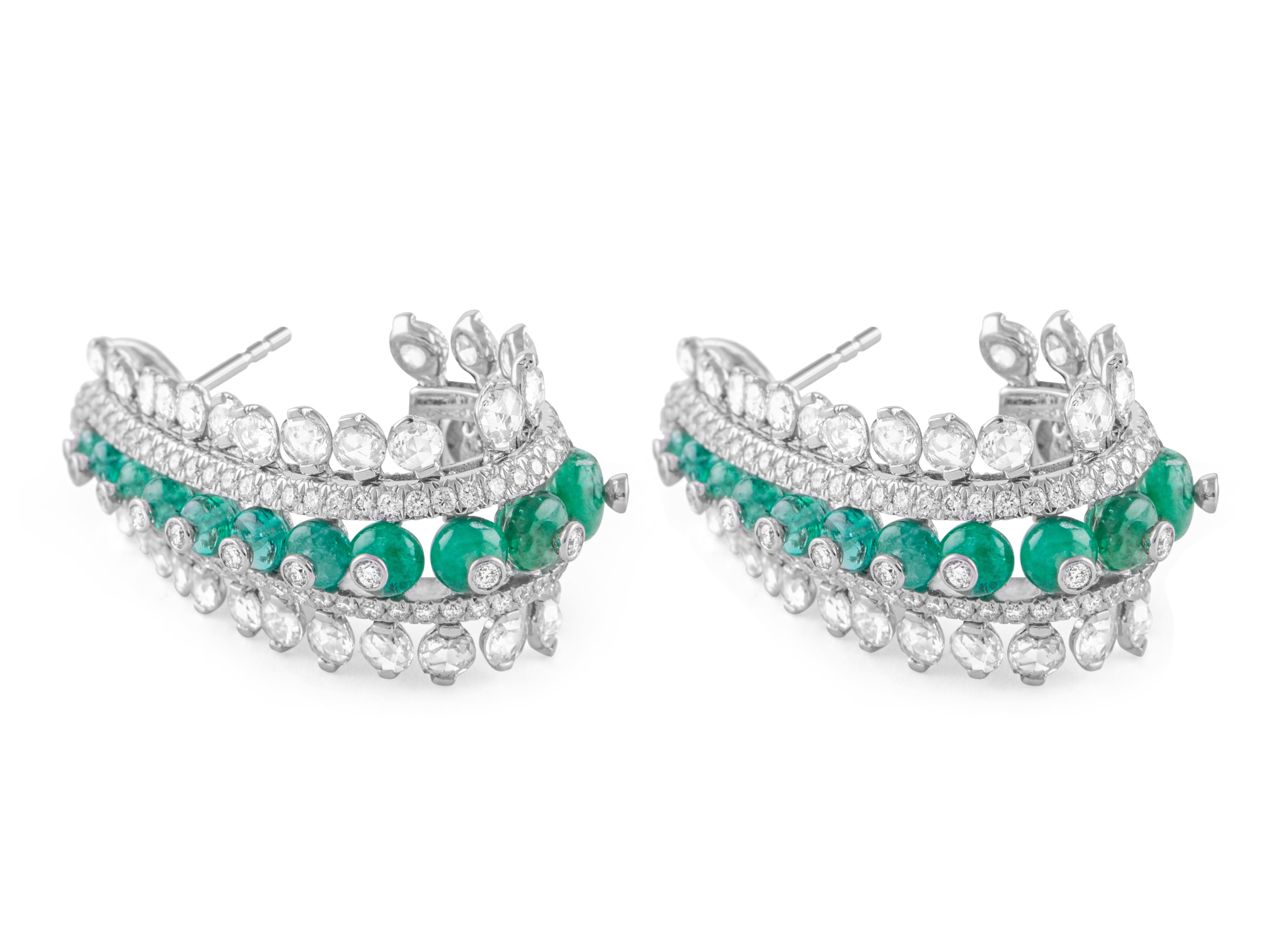 Contemporary 18 Karat White Gold Columbian Emerald and Diamond Earrings For Sale