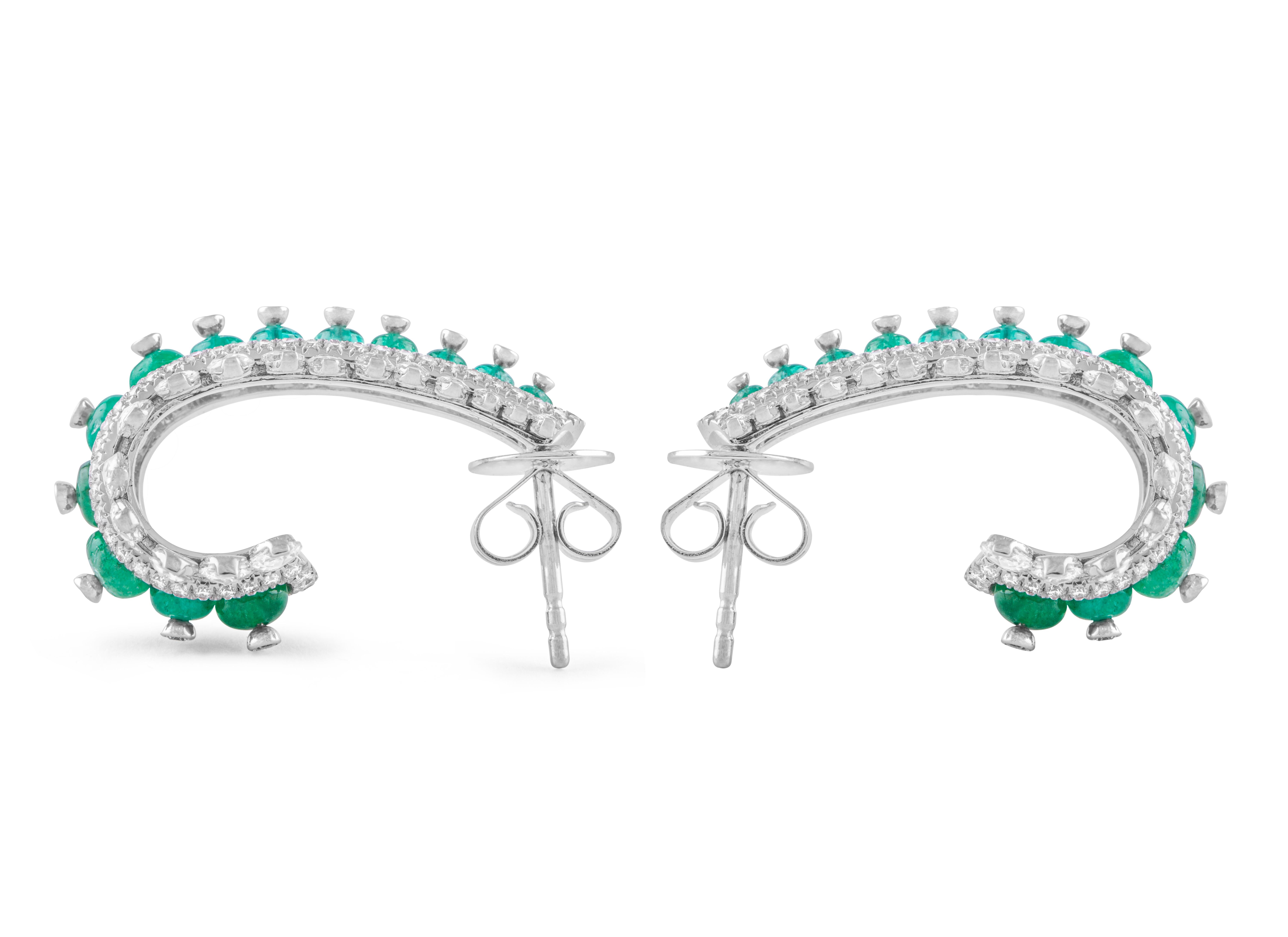 Rose Cut 18 Karat White Gold Columbian Emerald and Diamond Earrings For Sale