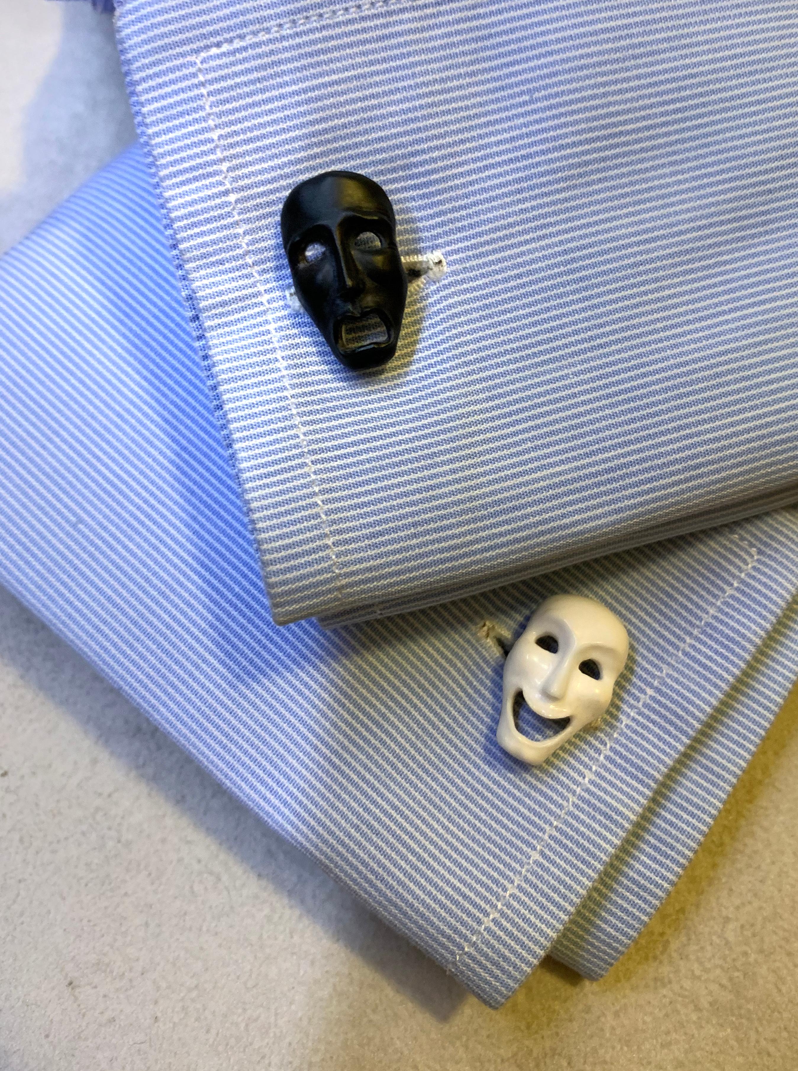 Women's or Men's 18 Karat White Gold Comedy and Tragedy Theater Masks in Onyx and Agate Cufflinks For Sale