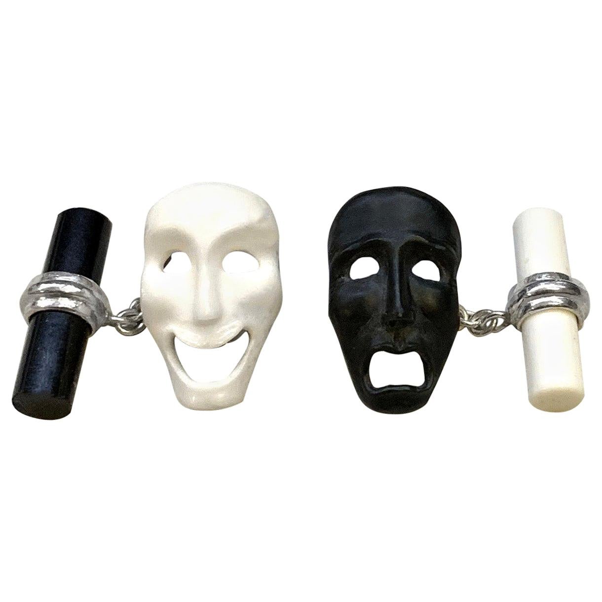 18 Karat White Gold Comedy and Tragedy Theater Masks in Onyx and Agate Cufflinks For Sale