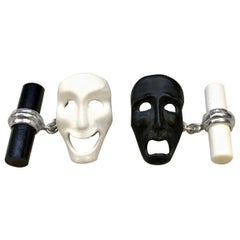 18 Karat White Gold Comedy and Tragedy Theater Masks in Onyx and Agate Cufflinks