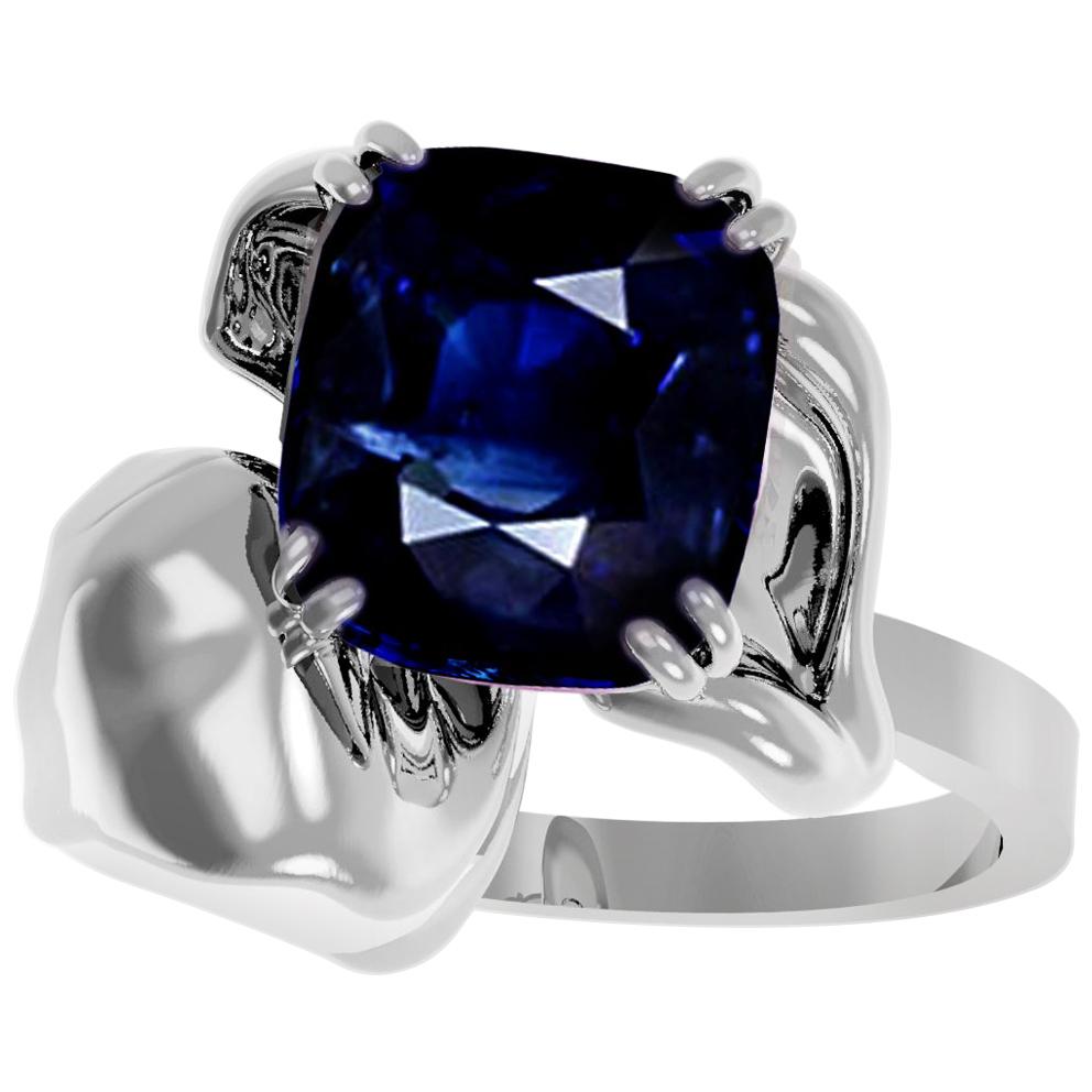 Eighteen Karat White Gold Contemporary Bridal Ring with Cushion Sapphire For Sale